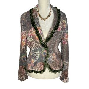 Alberto Makali Multicolor Abstract Knit Jacket with Velvet and Lace Trim Sz L
